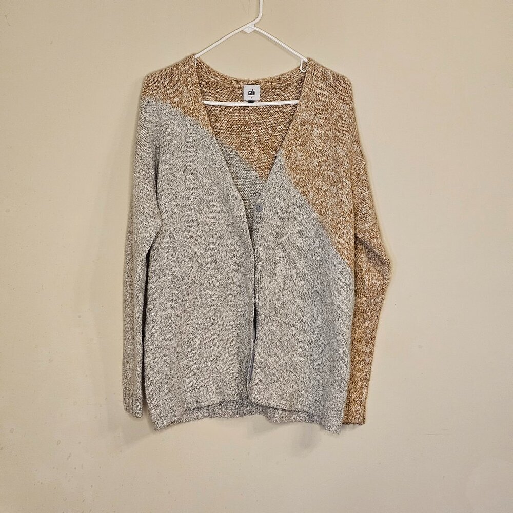 Women's Cabi 3886 Tilt Cardigan Sweater Gray Tan Diagonal Colorblock Snap Size S